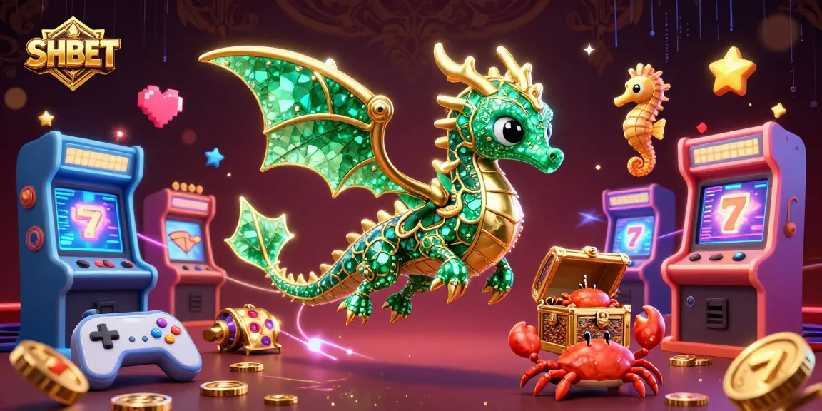 Engage with SHBET in a vibrant 3D casino scene featuring a dragon, arcade elements, and lottery vibes.