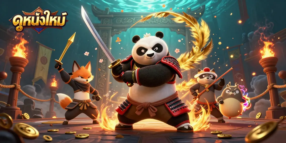 Experience ดูหนังใหม่ with excitement, featuring a dynamic cartoon samurai panda and casino elements.