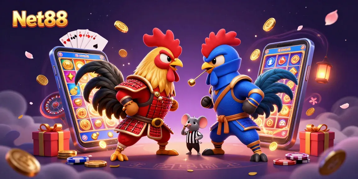 Net88 showcases an exciting standoff between samurai and ninja roosters amidst vibrant casino elements.