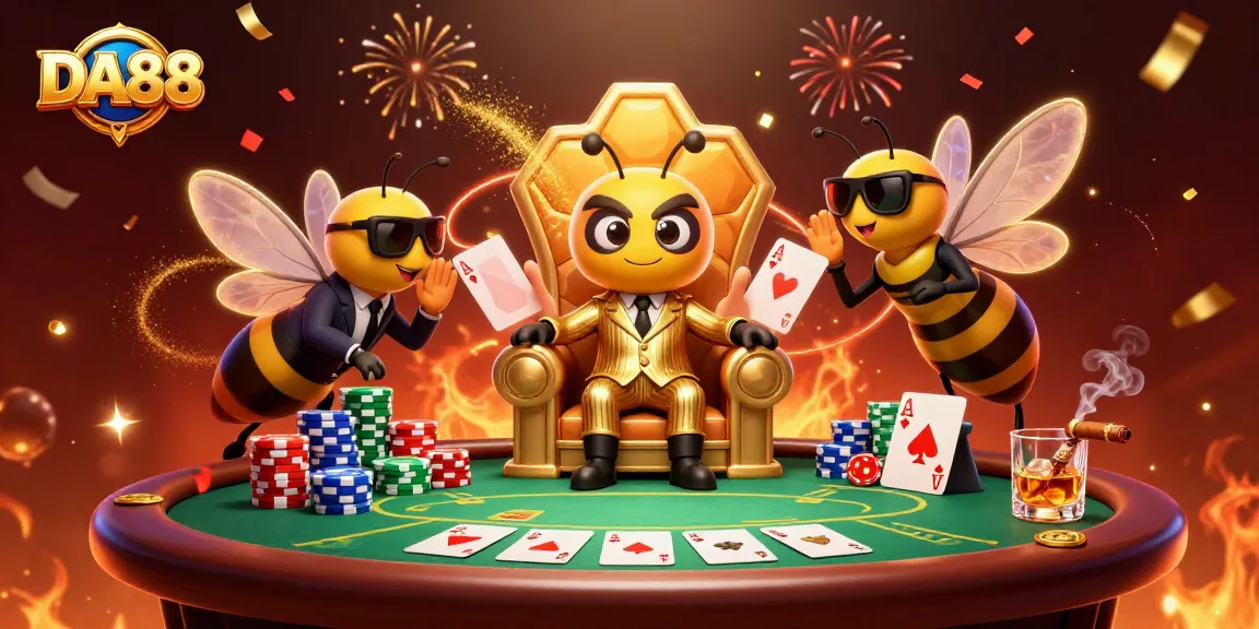 Engage with DA88 in a dynamic poker scene featuring a mob boss and flanking bodyguards, rich in casino elements.