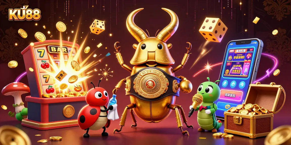 KU88 casino scene with a golden stag beetle and a mini corner-man battling amidst slot machines and light effects.