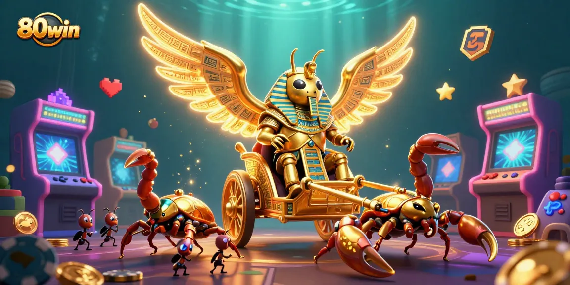 Experience 80win's thrilling action with a colossal golden scarab and dynamic casino visuals