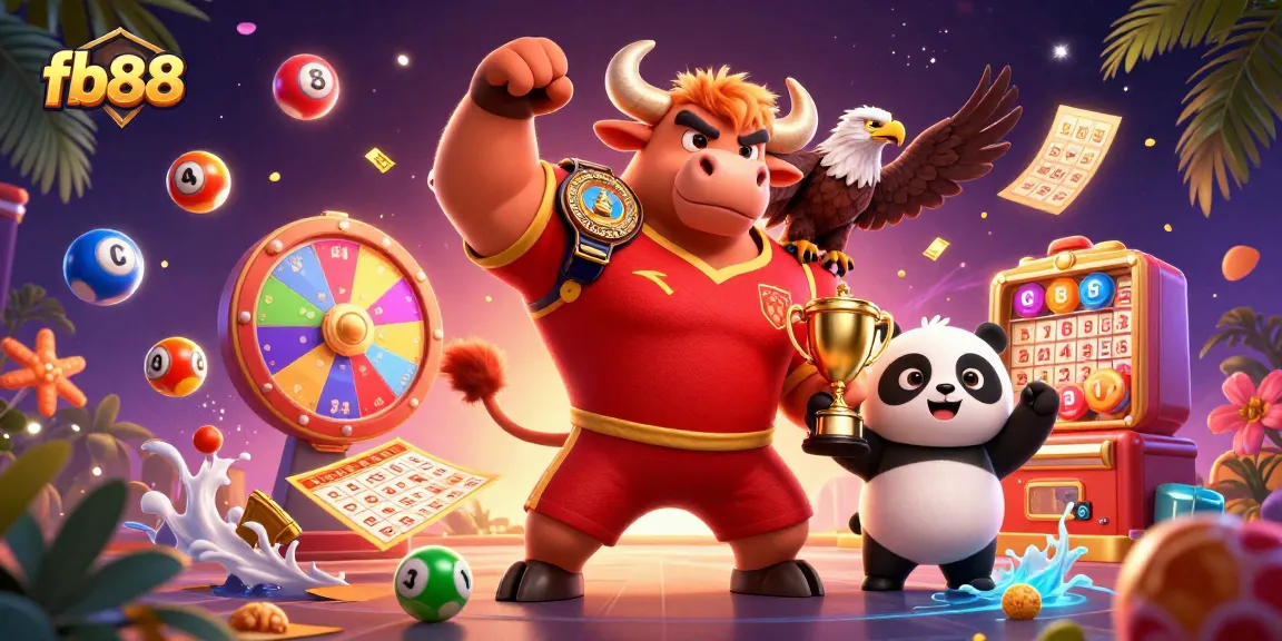 Spin the reels with fb88's vibrant characters celebrating jackpots and lottery wins in a colorful gaming scene.